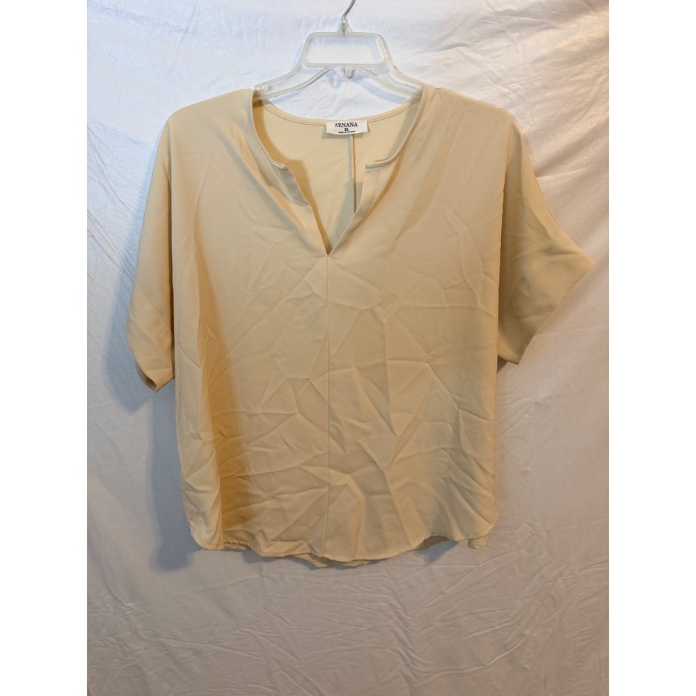 Zenana Womens XL Beige Cream Split Neck Short Sleeve Blouse Top QT-2704AB